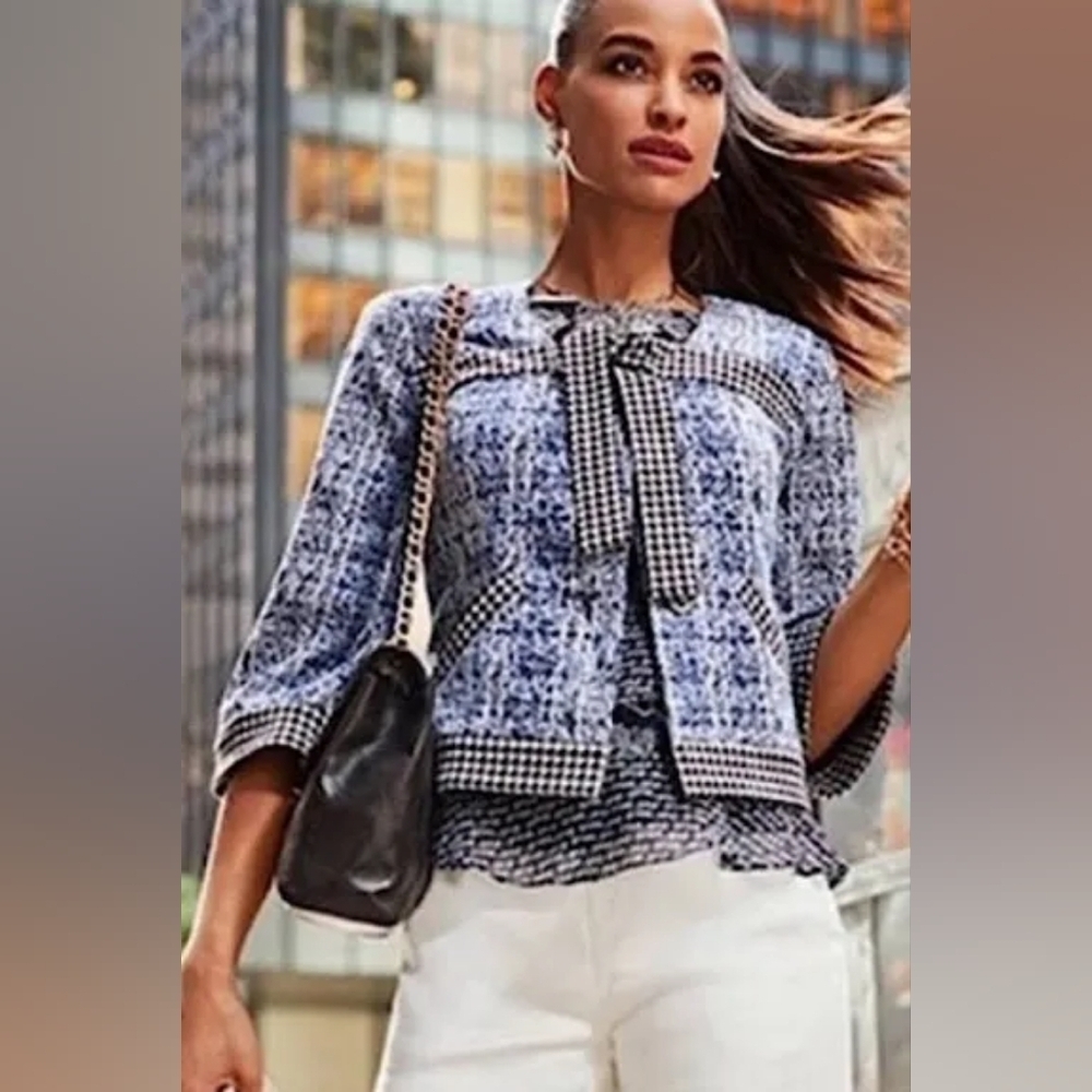CAbi #5294 Blue Matrix Club Jacket Houndstooth Crop Boxy Blazer